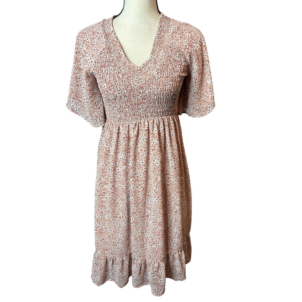 Mikarose Floral Smocked Midi Dress V-Neck Ruffle Hem Terracotta Pink Small